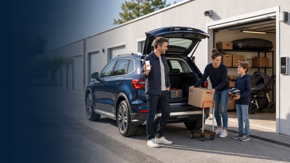 Une famille utilise un box sécurisé pour garer son SUV et stocker ses affaires